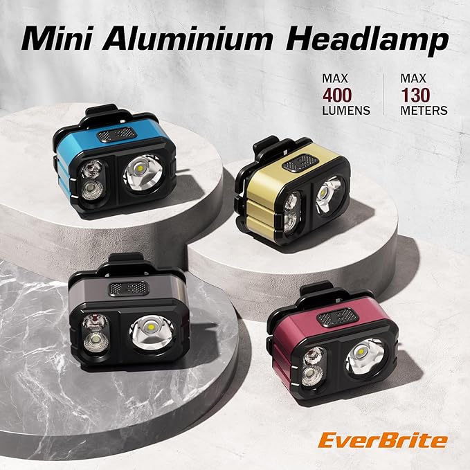 EverBrite 400LM Rechargeable Headlamp, 1.59 oz Lightweight & Comfortable Head Lamp with Hat Clip, IP67 Waterproof, White/Red/Green Light, 7 Modes for Running, Camping and Backpacking-Purple