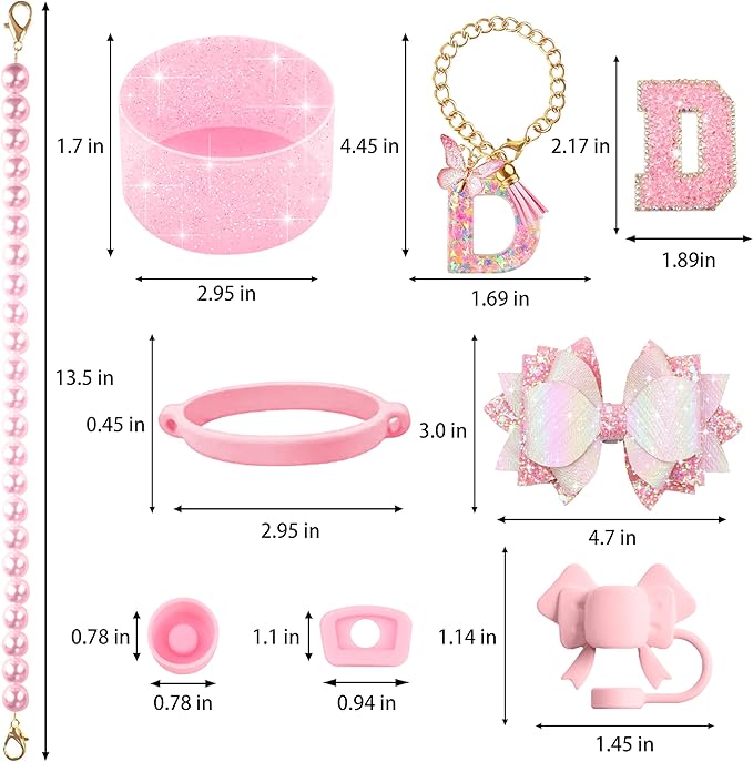 9PCS Pink for Stanley Cup Accessories Set Bling Initials Bow Charms for Stanley Decorations 30/40 Oz Tumbler Accessories Including Bow Straw Topper, Handle Strap, Spill Stopper（Letter D）