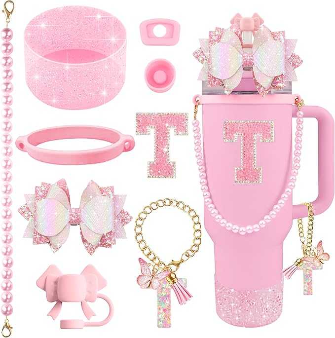 9PCS Pink for Stanley Cup Accessories Set Bling Initials Bow Charms for Stanley Decorations 30/40 Oz Tumbler Accessories Including Bow Straw Topper, Handle Strap, Spill Stopper（Letter T）