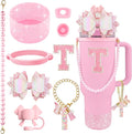 9PCS Pink for Stanley Cup Accessories Set Bling Initials Bow Charms for Stanley Decorations 30/40 Oz Tumbler Accessories Including Bow Straw Topper, Handle Strap, Spill Stopper（Letter T）