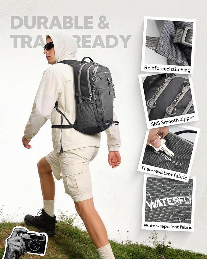 WATERFLY Small Lightweight Hiking Backpack: 20L Outdoor Daypack with Phone Pocket, Hydration Compatible, Breathable Backpanel, Multi-Compartment for Camping Trekking Travel Women Men