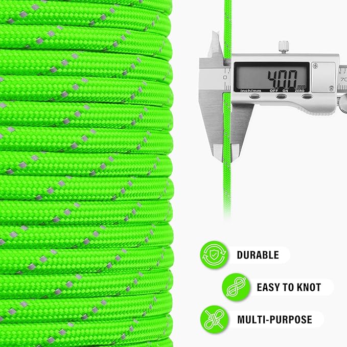 Reflective Paracord Rope 750 lb - 1000ft 5/32" Parachute Cord 4MM 12-Strand para Cord - Heavy Duty Spool String for Survival,Camping Gear, Survival Bracelet, Clothesline - Neon Green