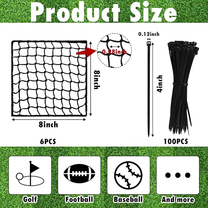 6 Pcs Universal Net Repair Kits with 100 Pcs Zip Ties Golf Goal Nylon Netting Hole Replacement Patch for Baseball Batting Cages Hockey Football