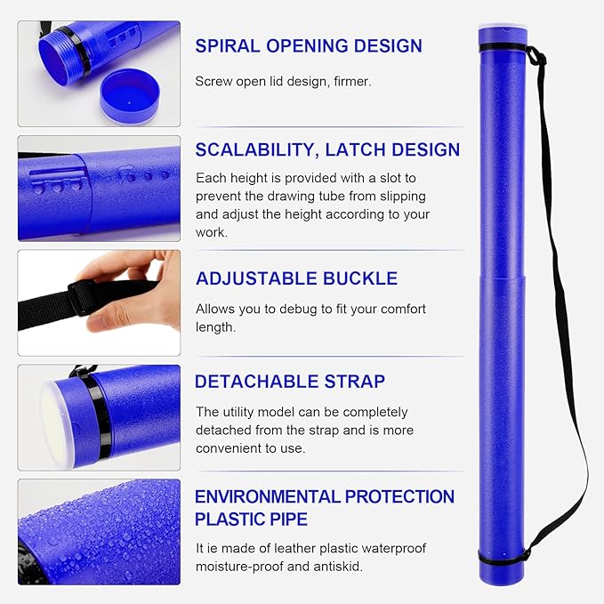 DEWEL Poster Tube, Waterproof Poster Holder Plastic Expandable Poster/Art/Document Storage Tube 24.5" to 40", Adjustable Poster Storage Blueprint Holder with Carrying Strap (Dark Blue-Large Size)