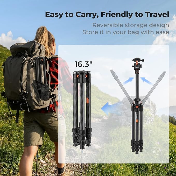 K&F CONCEPT 64" Carbon Fiber Camera Tripod,Lightweight Travel Tripod with 36mm Metal Ball Head Load Capacity 17.6lbs, Quick Release Plate,for DSLR Cameras Indoor Outdoor Use O254C2+BH-36