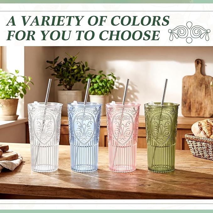 4 Set 20oz Vintage Plastic Tumbler with Lids and Straws Ribbed Floral Drinking Glasses Reusable Iced Coffee Cups for Water Juice Smoothie Cocktail Travel Party Events Gift (Pink)