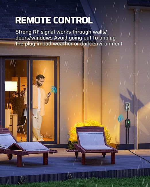 DEWENWILS Outdoor Remote Control Outlet, Weatherproof Wireless Electrical Plug in Light Switches, 7" Extension Cord,15 AMP, 100 FT Range, ETL Listed, 1 Remote 3 Outlets for Lamp/Lights/Fans