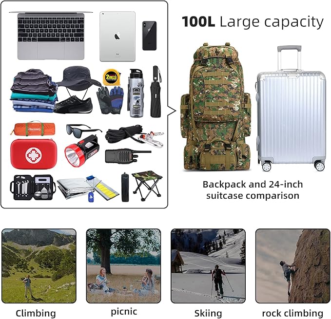 100L Camping Hiking Backpack,Molle military Tactical rucksack backpack,Waterproof Lightweight Hiking Backpack