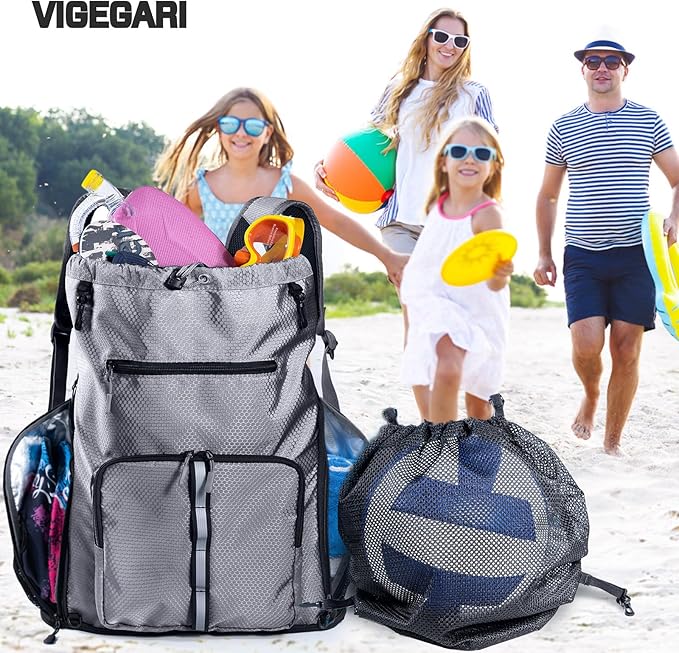 Large Beach Backpack Waterproof Sandproof - Customized Oversized Drawstring Pool Bag with Shoe Compartment for Toiletries, Towels, Gym, Travel