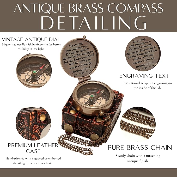 Handmade Brass Antique Compass with Leather Case – Vintage Finish Functional Pocket Navigation Tool for Travel, Hiking & Gift