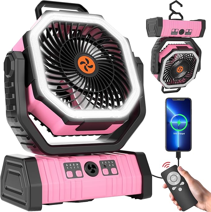20000mAh Camping Fan Battery Operated Fans Portable,Portable Rechargeable Battery Powered Fan with LED Light,360°Oscillating & 8H Timer Camping Essentials Fans with Hook pink fan