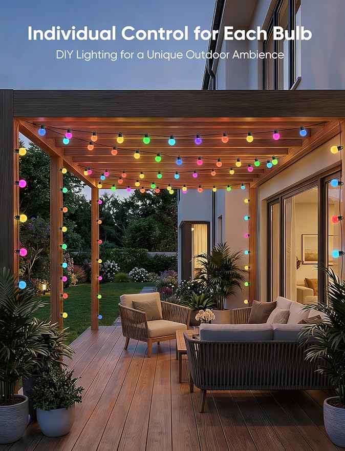 APPECK Outdoor String Lights 150ft, RGBW Color Changing Patio Lights with 75 Dimmable LED Bulbs, 111 Scene Modes, IP65 Waterproof Lighting for Outside, Party, Backyard, Pool, Compatible with Alexa