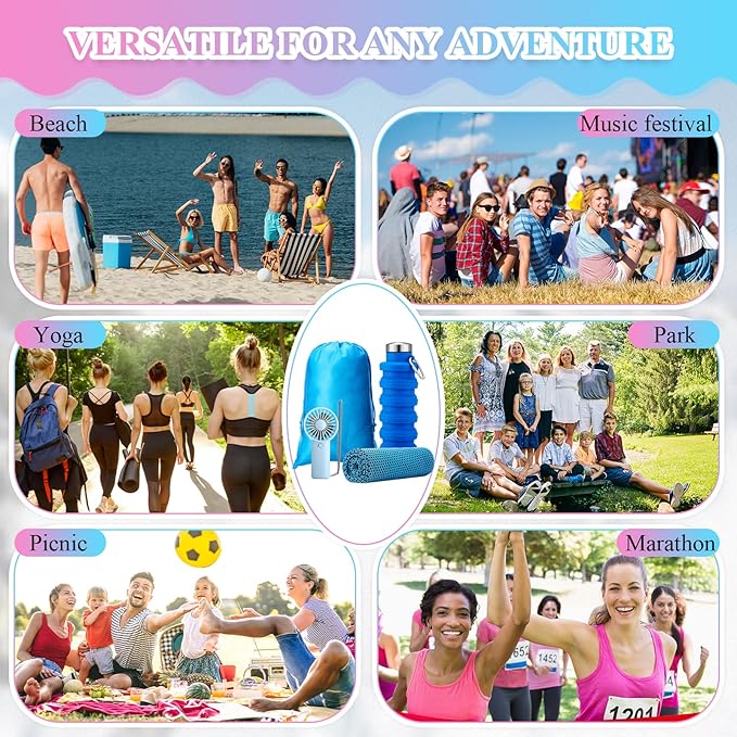 16 Set Theme Park Necessities Cruise Ship Accessory Kit Collapsible Water Bottle Cooling Towel Fan Drawstring Bag for Summer Amusement Park Outdoor Team Travel Cruise Gift Fitness Sport Favor