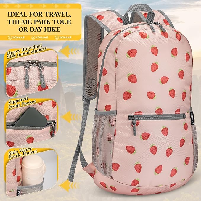 ZOMAKE Ultra Lightweight Hiking Backpack 20L, Packable Small Backpacks Water Resistant Daypack for Women Men(Strawberry print)