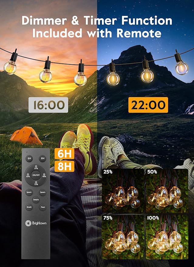 Brightown Outdoor String Lights with Remote, 2 Packs Each 38Ft 15 LED Patio Lights Outdoor Waterproof, String Lights for Outside, Dimmable Hanging Lights for Porch Balcony Bistro Cafe