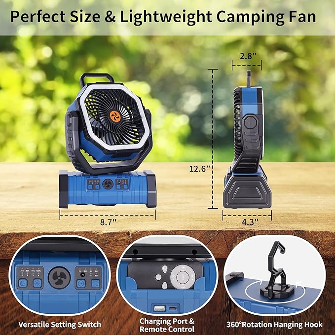 Portable Fan Battery Powered,20000mAh Rechargeable Camping Fan Battery Operated with LED Lantern,Auto-Oscillating USB Personal Cordless Battery Fans Portable Tent Travel & Hanging Hook (Blue)