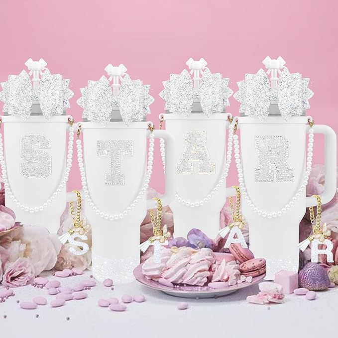 9PCS White for Stanley Cup Accessories Set Bling Initials Bow Charms for Stanley Decorations 30/40 Oz Tumbler Accessories Including Bow Straw Topper, Handle Strap, Spill Stopper（Letter E）