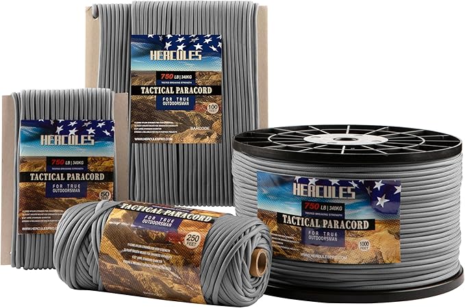 HERCULES 750lb Paracord 4mm 11 Strands Tactical Parachute Cord, 50' 100' 250' 1000' Utility Rope for Camping, Survival, Outdoor Gear (Dark Gray, 100FT)