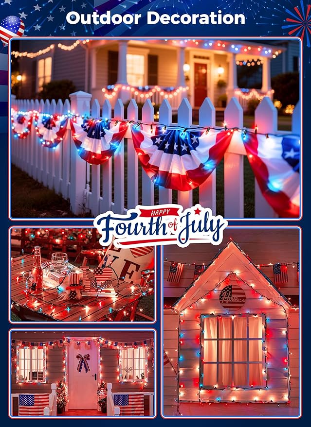 Red White Blue Mini Christmas Lights, 50 Count 4th July Decoration Patriotic Mini String Lights, 13ft Waterproof Lights for Indoor Outdoor Xmas Holiday Party Patio Independence Day Decor, Green Wire