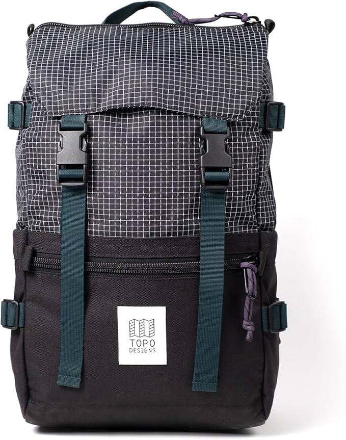 Topo Designs Rover Pack Classic - Daily Daypack for Commutes, Day Trips, Hikes, Iconic Denver Design, PFAS-Free, Fair Trade, BlueSign Backpack (Black/Grid)