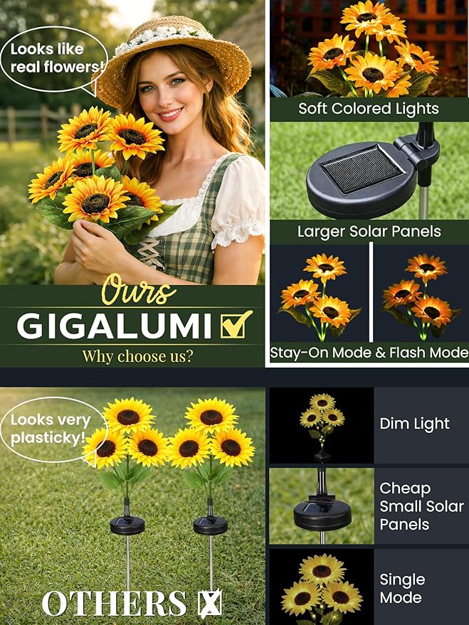 GIGALUMI Solar Garden Lights Artificial Sunflowers, LED Garden Decor Carefree Sunflower Solar Lights Outdoor Yard Decorations Outdoor, Everlasting Sunflower Decor Gift for Yard Patio (Set of 2)