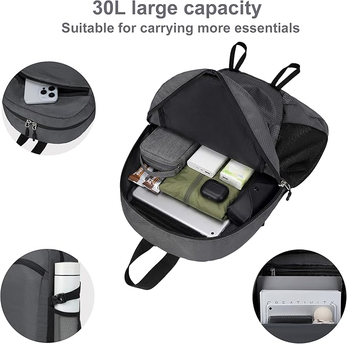 Lightweight Hiking Backpack 30L Packable Foldable Daypack Collapsible Travel Bag Water-Resistant for Women Men (Gray)