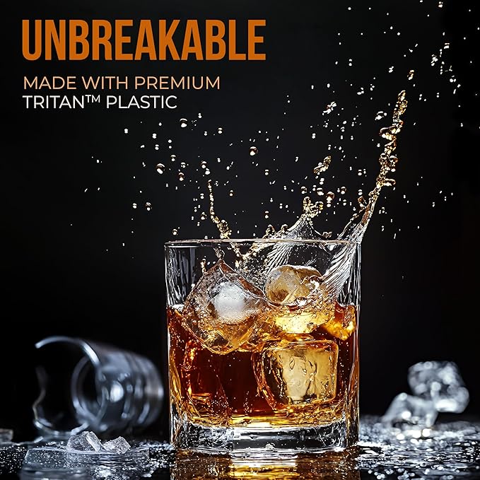 Bravario Unbreakable Whiskey Glasses, Plastic Rocks Glasses — 12.5 oz Clear Dishwasher Safe Tritan Old Fashioned Drinkware, Shatterproof BPA-Free Bourbon Cocktail Set of 8