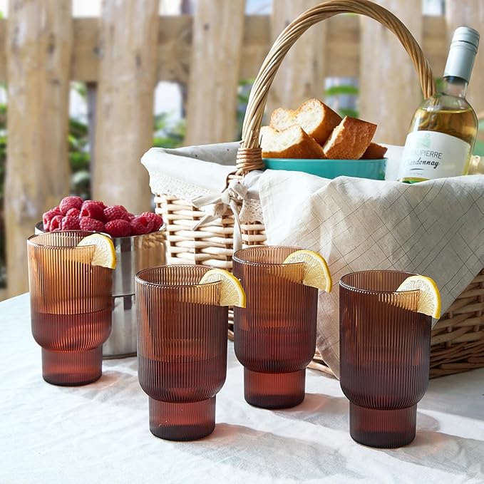 Shatterproof Acrylic Tall Drinking Glasses Set, European Style, Dishwasher Safe, Ribbed | Set of 4 | Fluted Tritan, Unbreakable BPA-free Plastic, Reusable Stackable Glassware 14.5oz - Burnt Orange