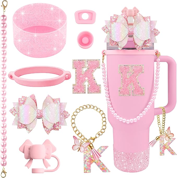 9PCS Pink for Stanley Cup Accessories Set Bling Initials Bow Charms for Stanley Decorations 30/40 Oz Tumbler Accessories Including Bow Straw Topper, Handle Strap, Spill Stopper（Letter K）
