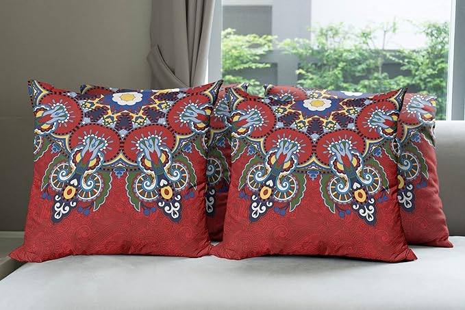 Ambesonne Mandala Throw Pillow Cushion Case Pack of 4, Color Jumble of Lace Like Flowers Leaves Swirls Vintage Illustration Folk Themed, Modern Accent Double-Sided Digital Printing, 20", Red