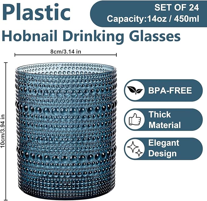 YOUBET 24PCS Plastic Hobnail Drinking Glasses - 14 Oz Blue Vintage Glasses Drinkware - Disposable Beaded Cups for Juice, Wine, Party