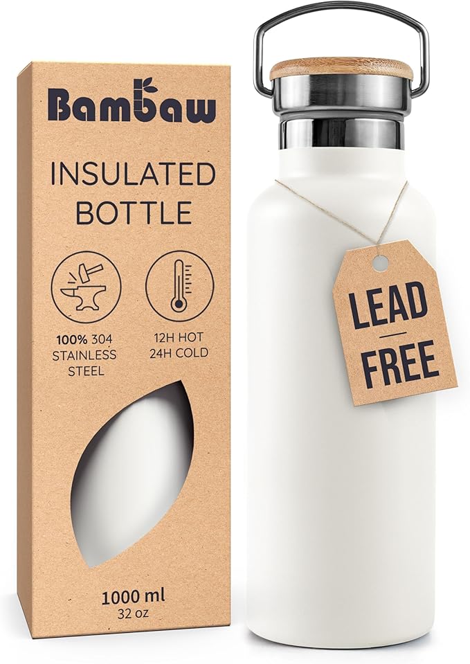 Bambaw Insulated Metal Water Bottle 32 oz, Double Wall 32 oz Water Bottle Stainless Steel, Made of High-Grade Stainless Steel, Reusable & Rust-Resistant (Polar White)
