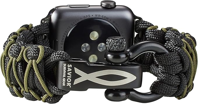 Savior Survival Gear Paracord Watch Band - Compatible with Apple Watch Band 49mm 46mm 45mm 44mm 42mm - iWatch Band Series Ultra 10 9 8 7 6 5 4 3 2 1 SE – Adjustable strap for men (Black-Green, Large)