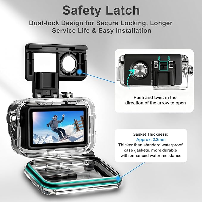 FitStill 60M/196FT Waterproof Case for DJI OSMO Action 6, Dual Cold Shoe Design Thickened Sealing Ring, Optical Glass Lens, djiI Action 6 Protective Accessories