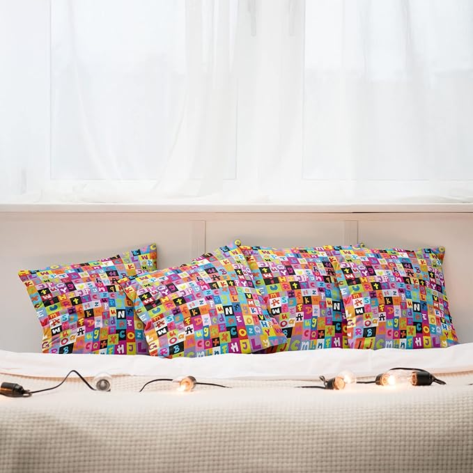 Ambesonne Abstract Throw Pillow Cushion Case Pack of 4, Colored Alphabet Letters Pattern Game Graphic Print, Modern Accent Double-Sided Digital Printing, 18", Multicolor
