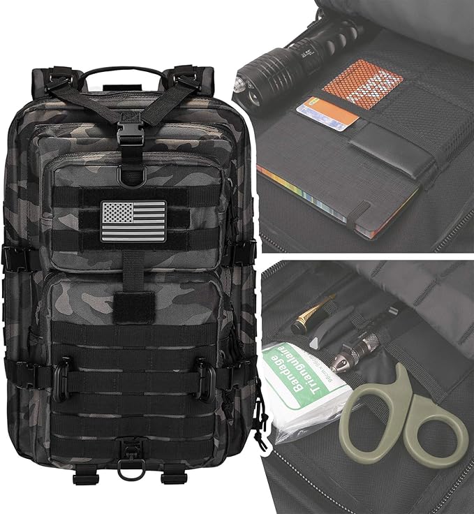 Hannibal Tactical MOLLE Assault Pack, Tactical Backpack Military Army Camping Rucksack, 3-Day Pack Trip w/USA Flag Patch, D-Rings, Black Camo