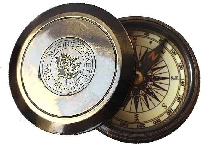 Marine Pocket Compass 1920 Vintage Brass Navigation Compass with Engraved Lid Antique Nautical Instrument