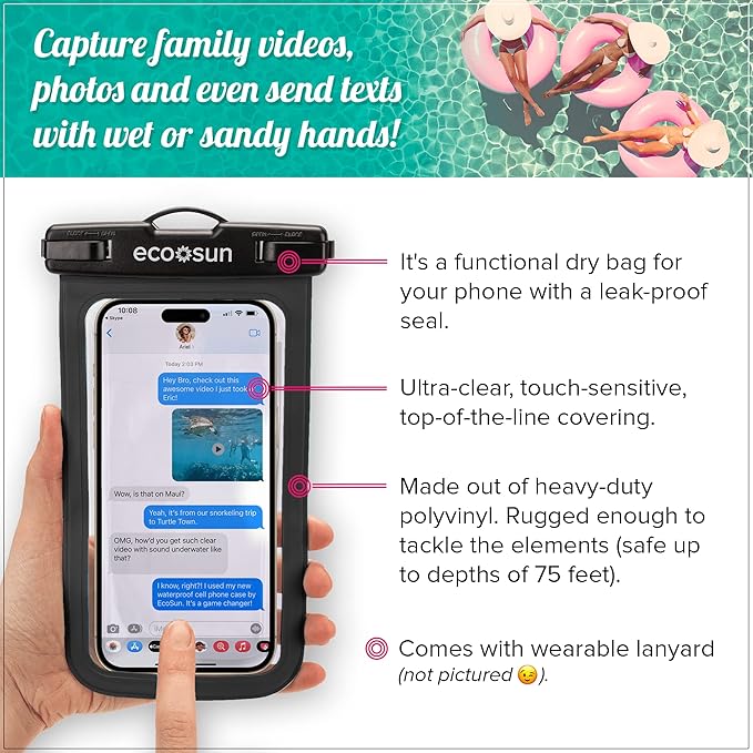 Eco Sun Waterproof Phone Pouch & Floating Wrist Strap Bundle (2-Pack Each) – Waterproof Phone Case + Float Strap – Travel & Beach Essentials Designed in Hawaii – Fits iPhone 17 Pro Max, GoPro, Cameras