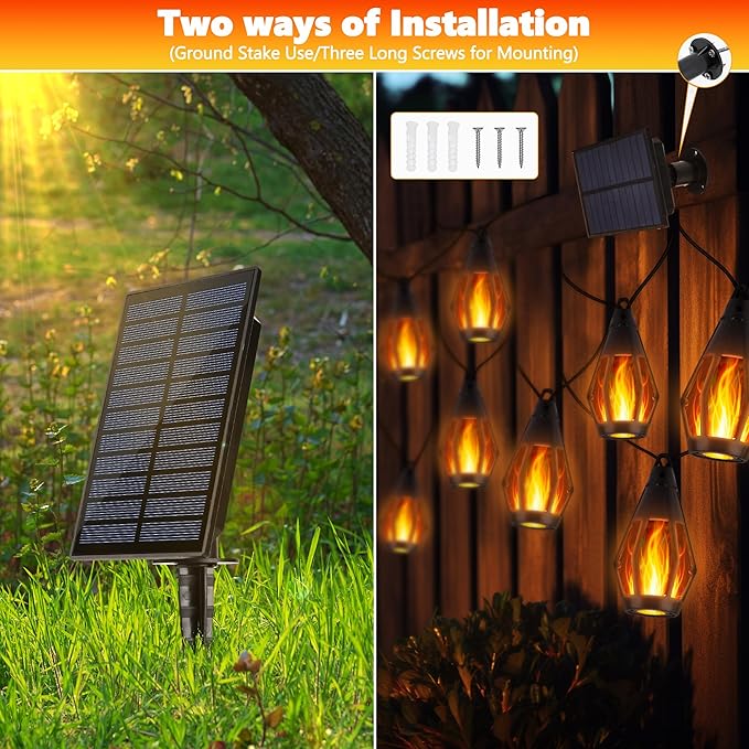 iBaycon Solar Flame Lights, 27Ft 10 LED Bulbs Flickering Flame String Light, Outdoor Waterproof Solar Flame Lights for Garden Yard Lawn Patio Decorations (Warm White)