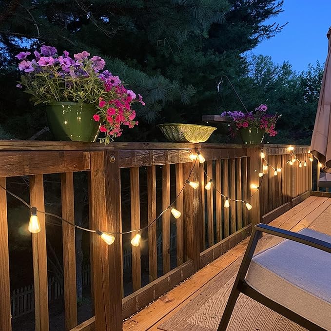 BLIATLUS 100FT Solar String Lights Outdoor Waterproof with Remote Control Solar Patio Lights 30+2 shatterproof LED ST38 Bulbs for Porch Garden Market Bistro Patio Backyard Fence
