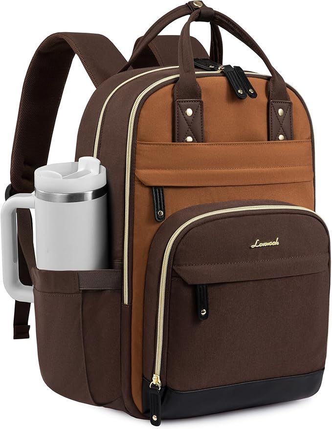 LOVEVOOK Laptop Backpack for Women with Giant Tumbler Holder Pocket,17.3 inch School College Book Bag Nurse Teacher Backpack,Work Travel Backpack Laptop Computer Bag,Brown-Yellowish-brown-Coffee brown
