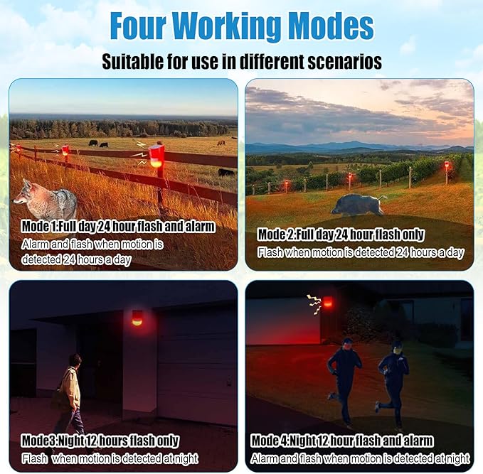 Qualirey Solar Sound and Light Alarm Motion Sensor 129db Outdoor Security Siren Waterproof Activated Detector Driveway Alarm 6 LEDs Flash Warning Deterrent Strobe System for Home, Farm(Red,2 Pack)