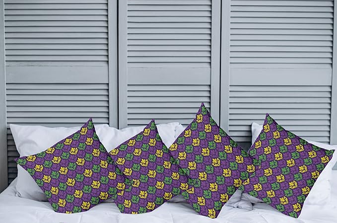 Ambesonne Mardi Gras Decorative Throw Pillow Case Pack of 4, Antique Old Fashioned Motifs in Mardi Gras Holiday Colors Tile Pattern, Cushion Cover for Couch Living Room Car, 18", Yellow Purple
