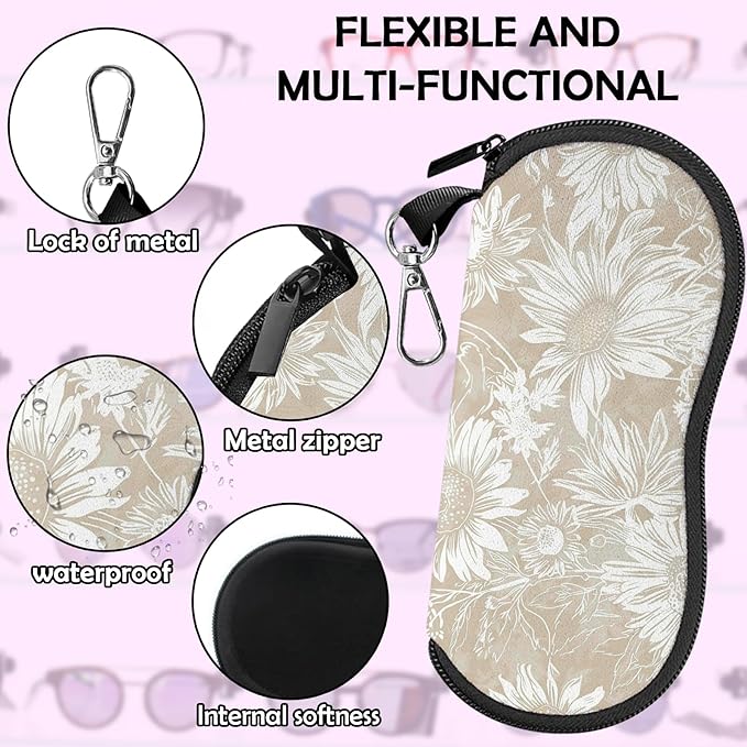 Glasses Case Sunglasses Eyeglass Soft Case Zipper Light Neoprene Pouch with Metal Belt Clip Aesthetic Cute Women Men