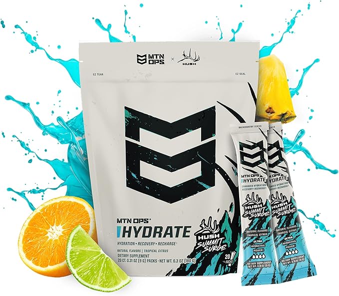 MTN OPS Hydrate Low Sugar Electrolyte Powder Drink Mix with 1g D-Ribose Sugar, 1000mg Electrolytes, On-The-Go Packs, 20 Stick Packs, Hush Summit Surge