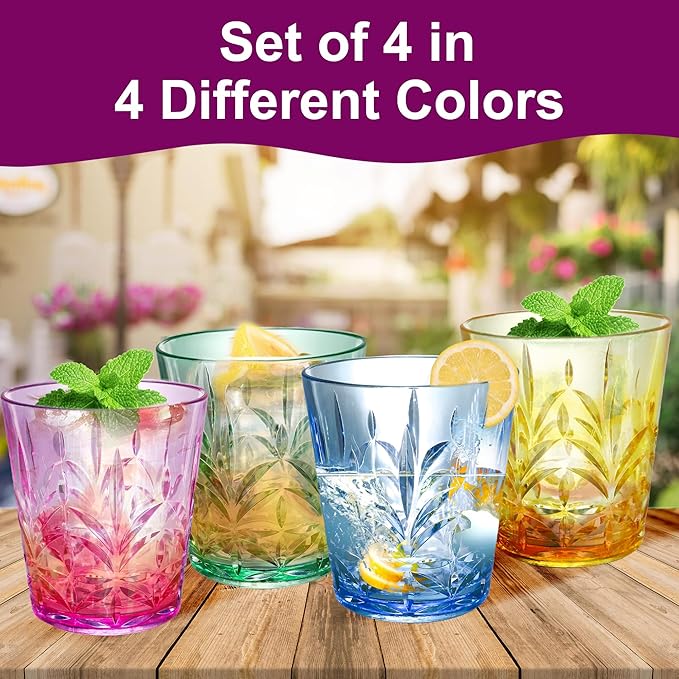 Lily's Home 13.5 oz Unbreakable Premium Drinking Tumblers Set of 4, BPA-Free Dishwasher-Safe Stackable Cups, Mixed Colors Reusable Drinkware for Water, Juice, Indoor, Outdoor Use, Made in Taiwan.