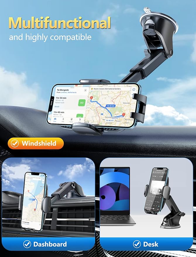 Phone Holder Mount for Car [Strong Suction] Hands-Free Universal Cell Phone Mounts for Dashboard/Windshield, 360° Rotation Extendable Mobile Car Holder for Smartphones