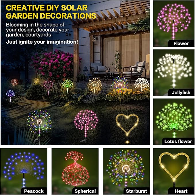 2 Pack 250LED Solar Garden Lights Outdoor, Dual Lighting Modes Firework Lights Solar Powered, Waterproof Twinkle Fairy Light Outside for Yard Patio Pathway Christmas Party Decorative(Blue)