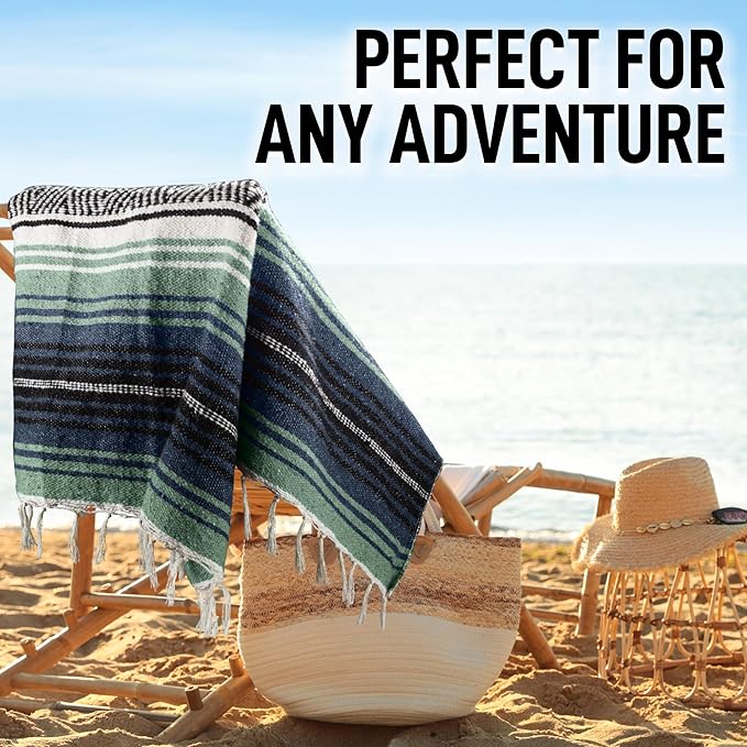 Hydration Nation Authentic Large Handwoven Mexican Blanket - Soft Yoga- Durable Serape- Lightweight Falsa, Beach, Camping, Picnic, Outdoor Blanket 70"x50" - Arctic
