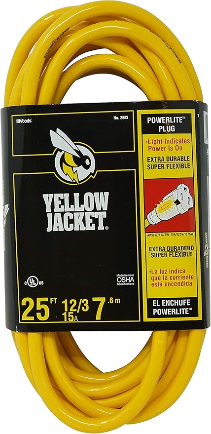 Yellow Jacket Heavy Duty Extension Cord, 25Ft, 12 Gauge, 3 Conductor, Lighted End, Weather Resistant, SJTW, Yellow, 2883 (Pack of 4)